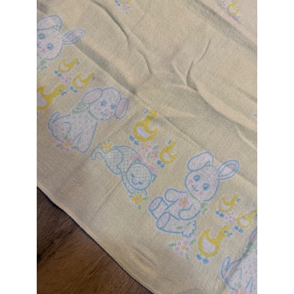 Vintage Baby Yellow Receiving Blanket With Adorable Bunny Duck Dog and Kittens P